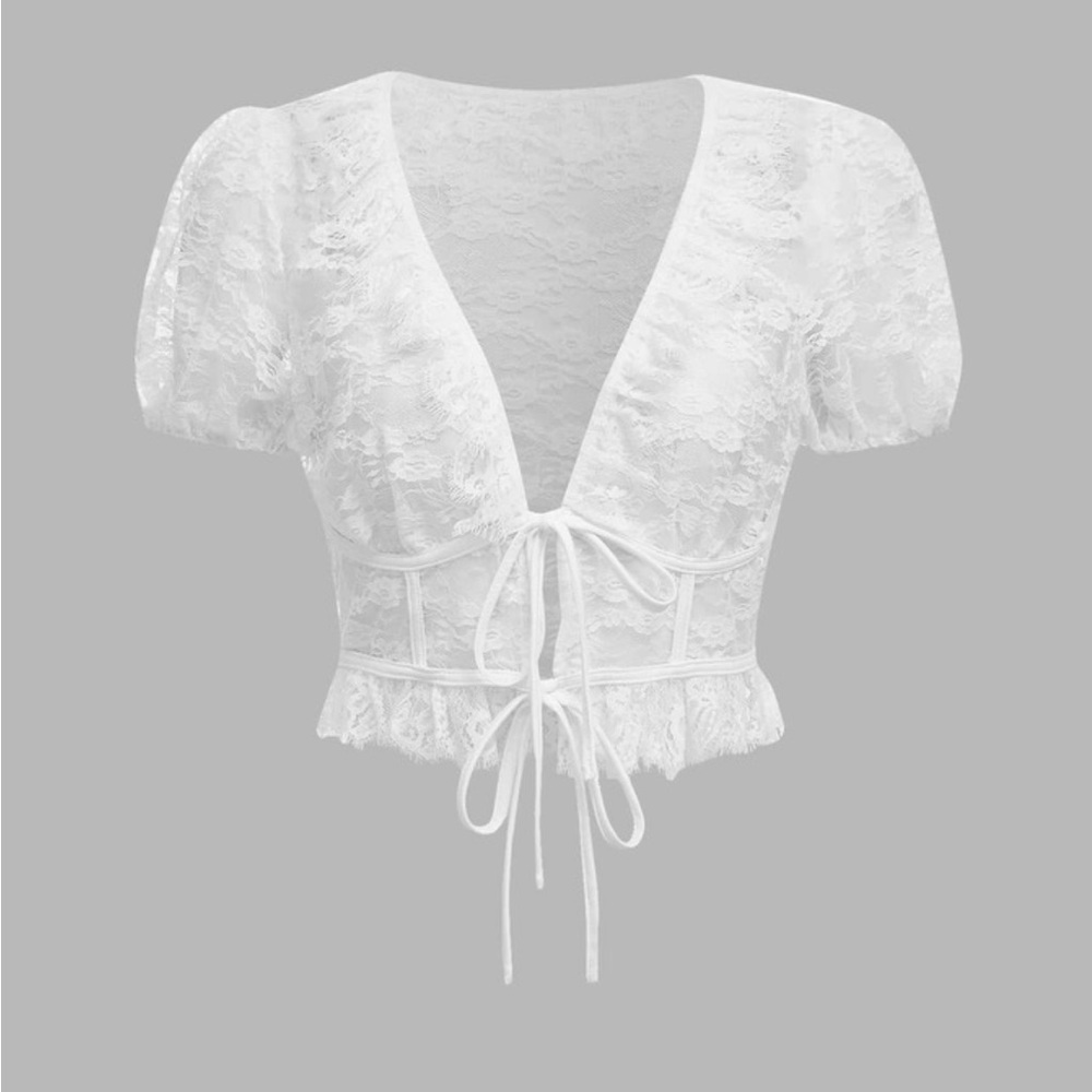 ✨ 3 for $35 ✨ SHEIN Mod Tie Front Lace Sheer White Top